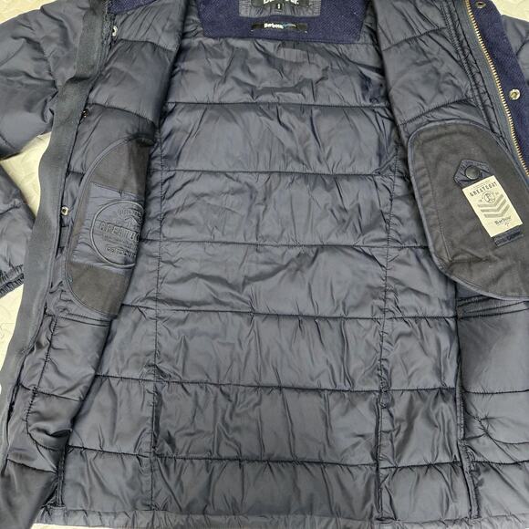 Barbour Great Coat Mens Small Navy Blue Mid Length Fibre Down Quilted Flawed - Picture 16 of 16